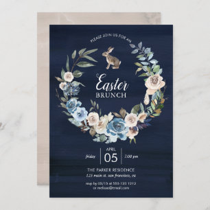 Blue and Neutral Floral Wreath Bunny Easter Invitation