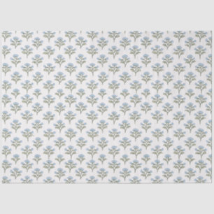 Blue and Olive Floral Sprig, Block Print Tissue Paper