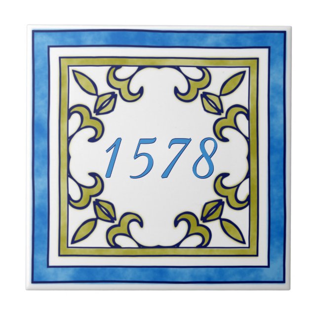 Blue and Olive Green Small House Number Ceramic Tile (Front)