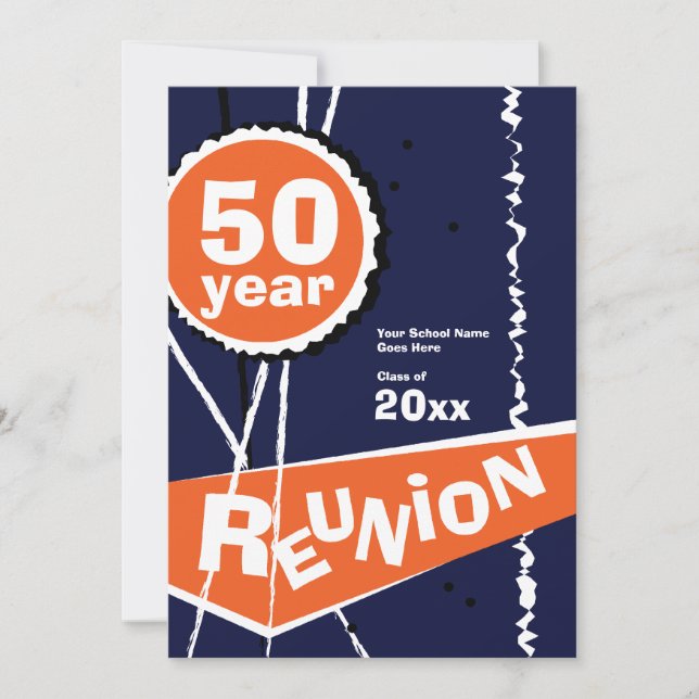 Blue and Orange 50 Year Class Reunion Invitation (Front)