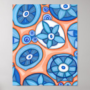 Blue and Orange Abstract Flowers Original painting Poster