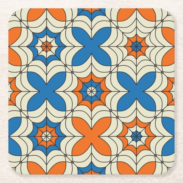Blue and Orange Abstract Spider Web Design Square Paper Coaster (Front)