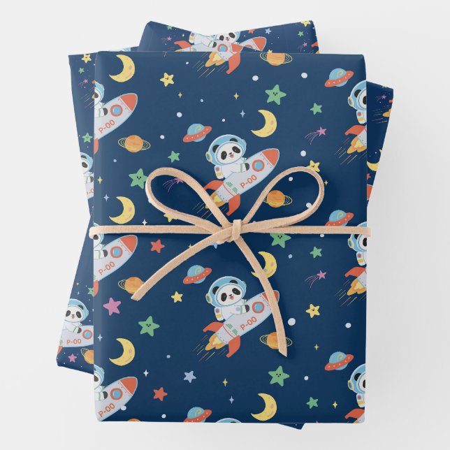blue-and-orange Astronaut Panda Wrapping Paper Sheet (In situ)