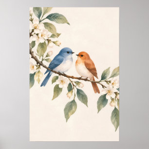 Blue and Orange Birds on Flowering Branch Botanica Poster