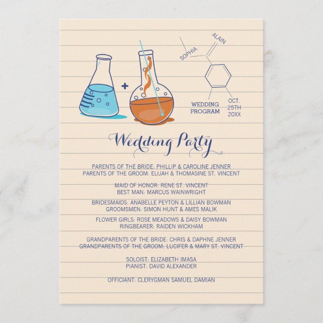 Blue and Orange Chemistry Wedding Programs (Front)