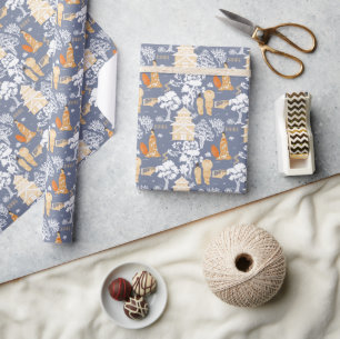 Blue and Orange Chinoiserie Pagodas Wrapping Paper