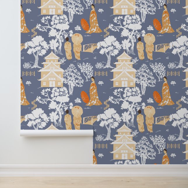 Blue and Orange Chinoiserie Wallpaper (Application)