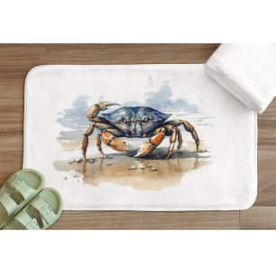 blue and orange crab walking on the beach  bath mat