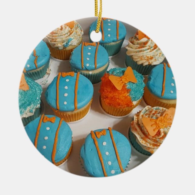 Blue and Orange Cupcakes Christmas Ceramic Ornament (Front)