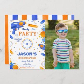 Blue and Orange Dart Gun Birthday Photo Invitation
