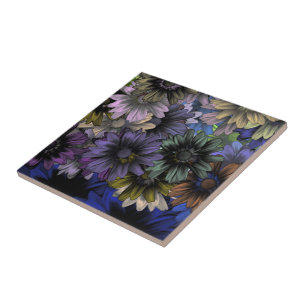 Blue and orange floral pattern ceramic tile