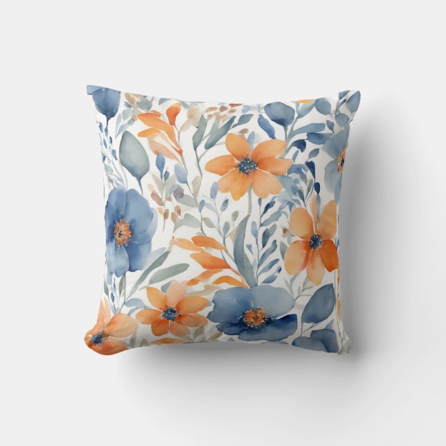 Blue And Orange Floral Pattern Cushion (Front)