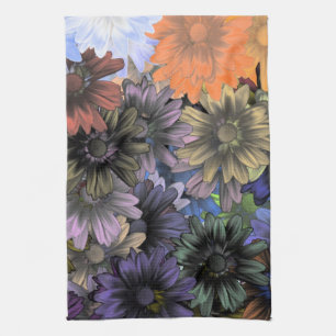Blue and orange floral pattern tea towel