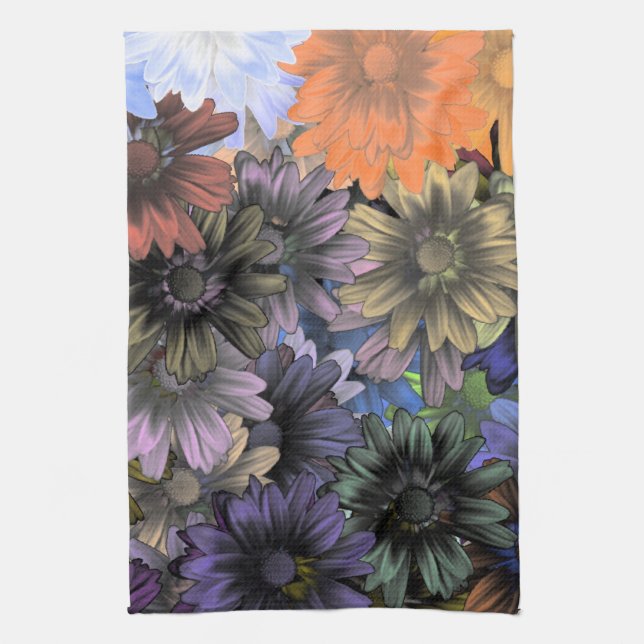 Blue and orange floral pattern tea towel (Vertical)