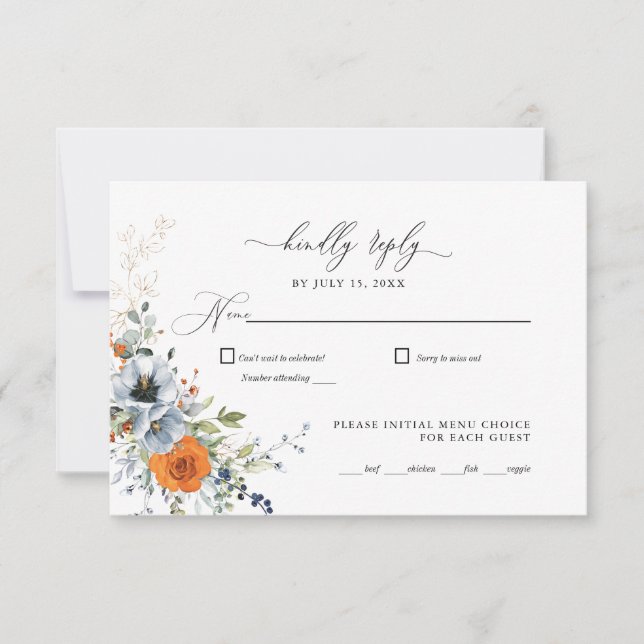 Blue and Orange Floral Wedding RSVP (Front)