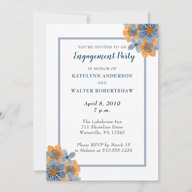 Blue and Orange Flower Engagement Party Invites (Front)