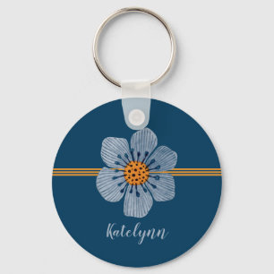 Blue and Orange Flower Personalised Keychain