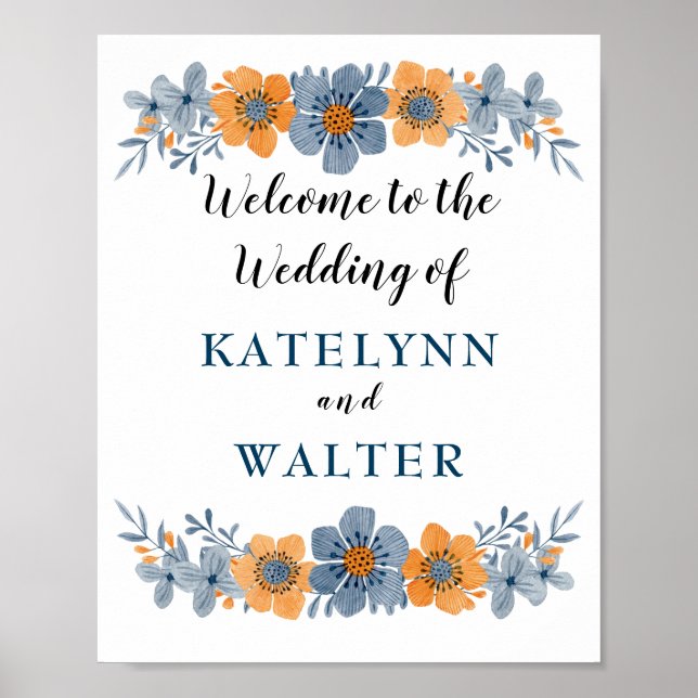 Blue and Orange Flower Wedding Welcome Sign (Front)