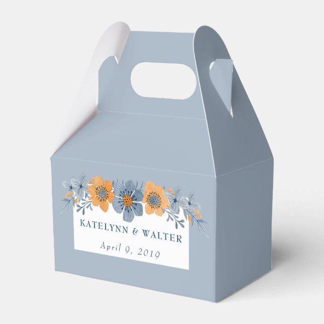 Blue and Orange Flowers Light Blue Wedding Favour Box (Front Side)