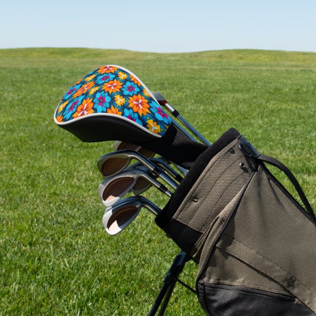 Blue and Orange Flowers Pattern Golf Head Cover (In Situ)