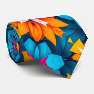 Blue and Orange Flowers Pattern Neck Tie