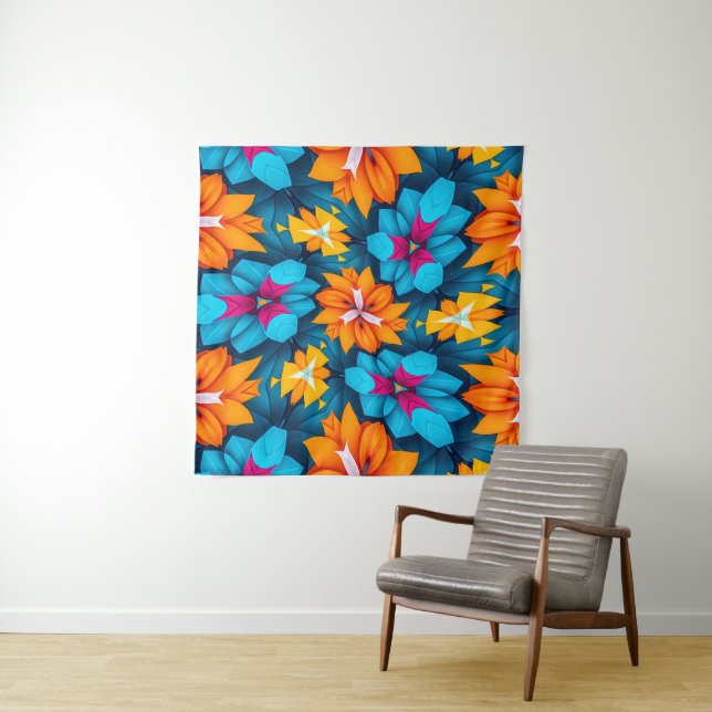 Blue and Orange Flowers Pattern Tapestry (In Situ)
