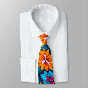 Blue and Orange Flowers Pattern Tie