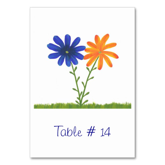 Blue and Orange Flowers Table Number table cards (Back)