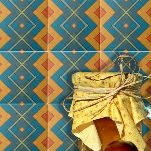 Blue And Orange Geometric Mosaic Chequered Pattern Ceramic Tile