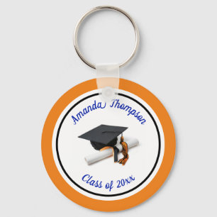 Blue and Orange Graduation Cap and Tassel Key Ring