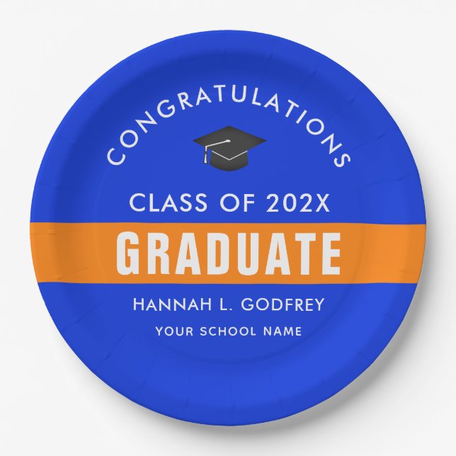 Blue and Orange Graduation Congrats Custom Paper Plate (Front)