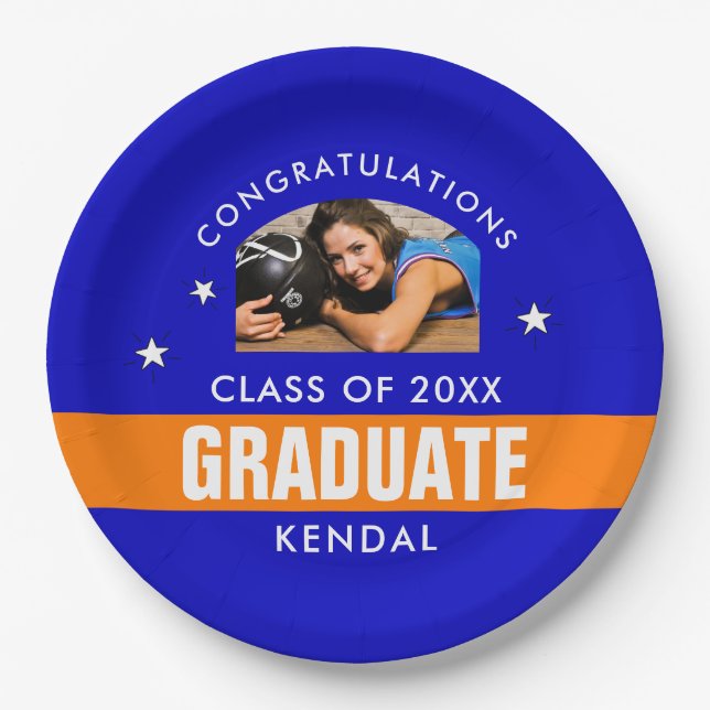 Blue and Orange Graduation Photo Custom Paper Plat Paper Plate (Front)