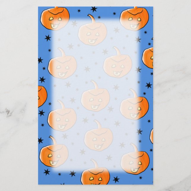 Blue and Orange Halloween Pumpkin Pattern Stationery (Front)