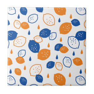 Blue and Orange Lemon Pattern Playful Fruit-Themed Ceramic Tile