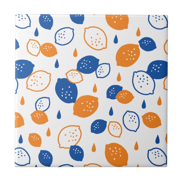 Blue and Orange Lemon Pattern Playful Fruit-Themed Ceramic Tile (Front)