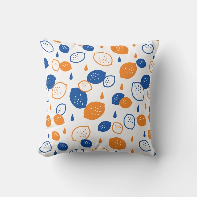 Blue and Orange Lemon Pattern Playful Fruit-Themed Cushion (Front)