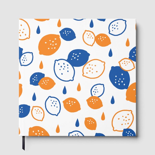 Blue and Orange Lemon Pattern Playful Fruit-Themed Guest Book (Front)