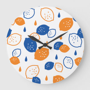 Blue and Orange Lemon Pattern Playful Fruit-Themed Large Clock