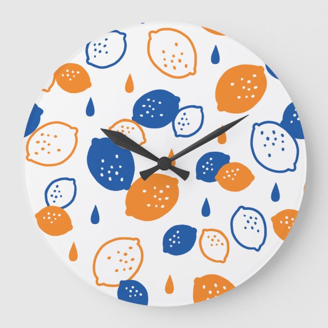Blue and Orange Lemon Pattern Playful Fruit-Themed Large Clock (Front)