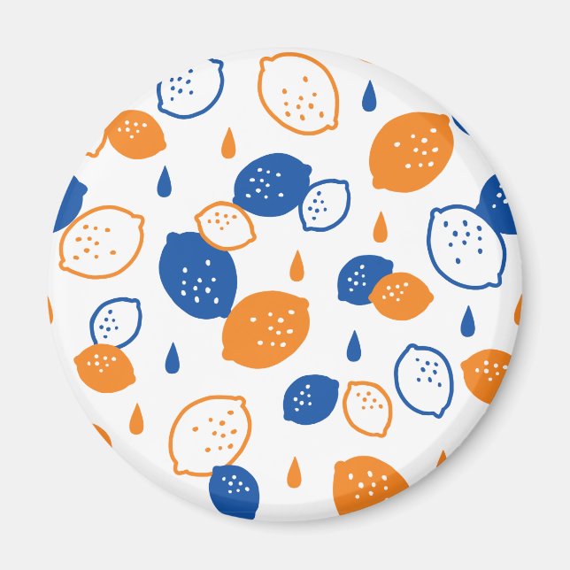 Blue and Orange Lemon Pattern Playful Fruit-Themed Magnet (Front)