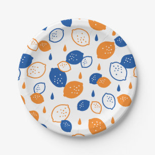 Blue and Orange Lemon Pattern Playful Fruit-Themed Paper Plate