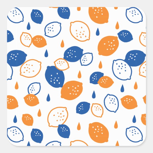 Blue and Orange Lemon Pattern Playful Fruit-Themed Square Sticker (Front)