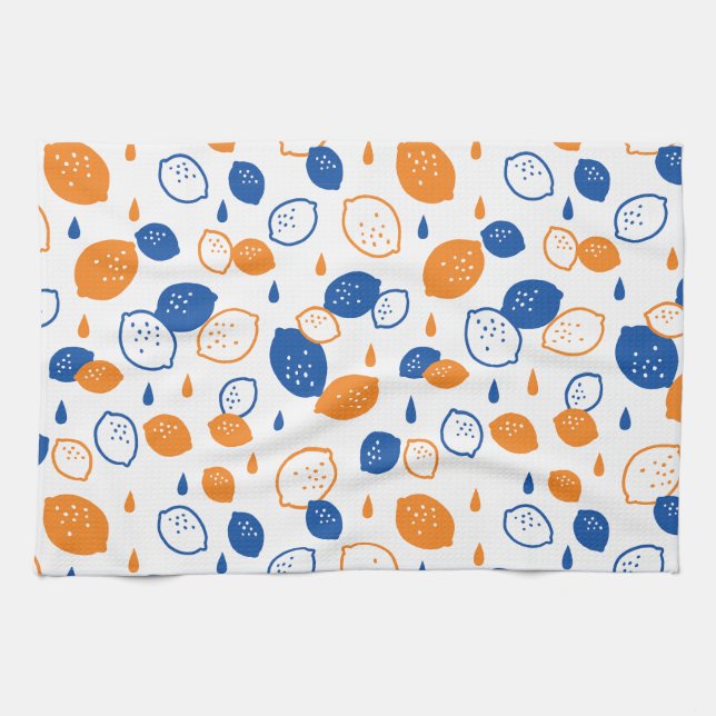 Blue and Orange Lemon Pattern Playful Fruit-Themed Tea Towel (Horizontal)
