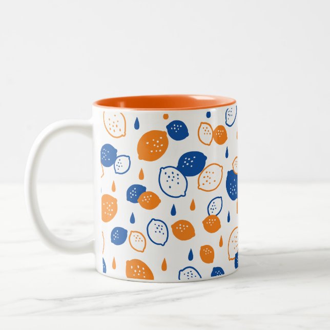 Blue and Orange Lemon Pattern Playful Fruit-Themed Two-Tone Coffee Mug (Left)
