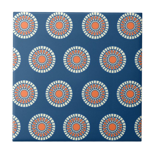 Blue and Orange Mandala Decorative Circles Ceramic Tile (Front)