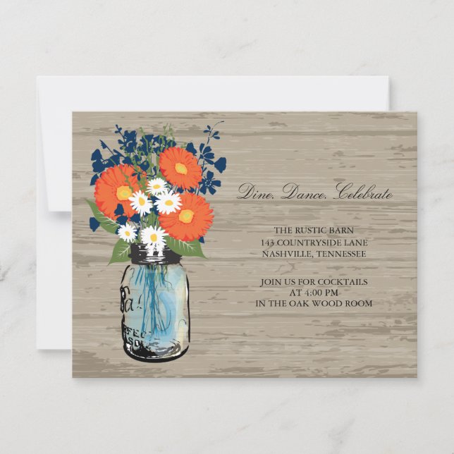Blue and Orange Mason Jar Wood | Reception Invitation (Front)