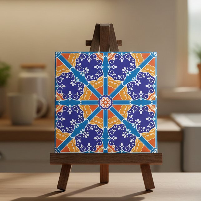 Blue And Orange Mediterranean Spanish Pattern Ceramic Tile (Creator Uploaded)