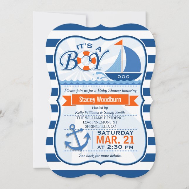 Blue and Orange Nautical Baby Shower Invitation (Front)