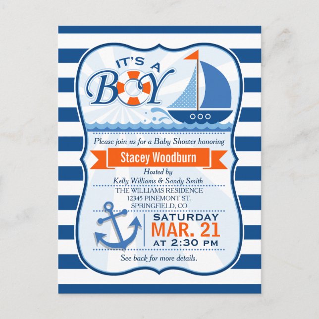 Blue and Orange Nautical Baby Shower Invitation Postcard (Front)