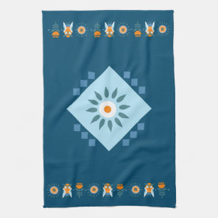 Blue and Orange Owl Flower Folk Art Tea Towel